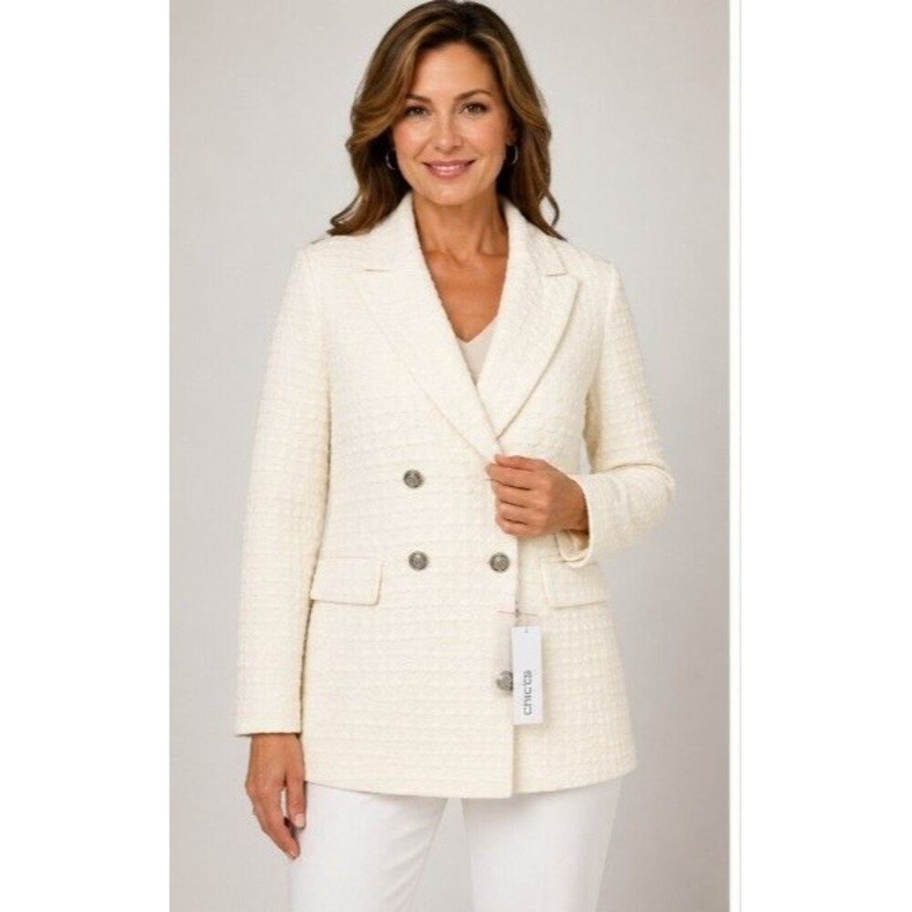 Chico's Textured Knit Blazer English Cream Double Breasted Jacket Size 2.5 US 14